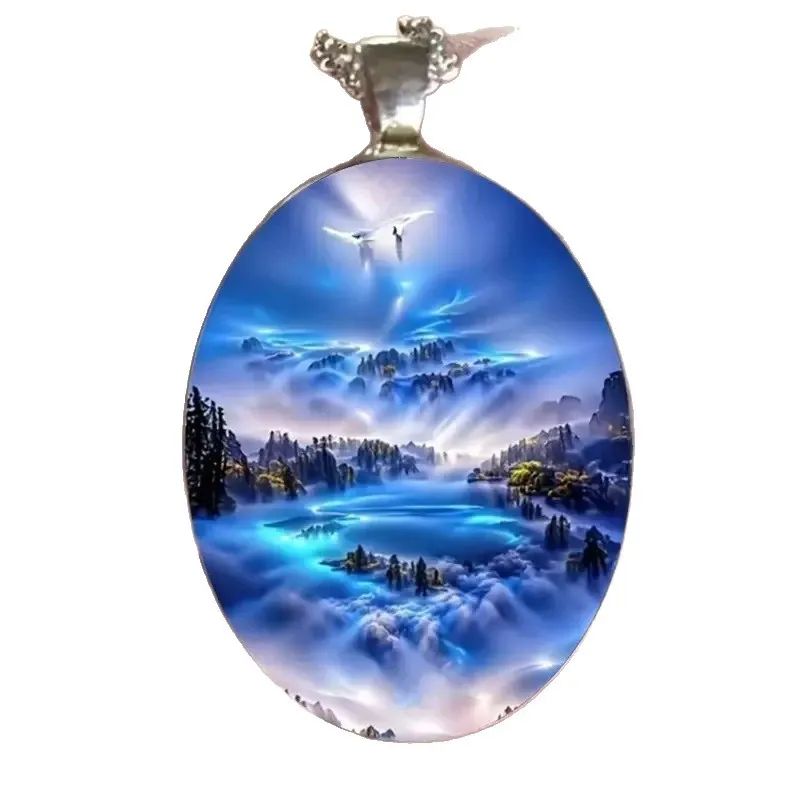 Dreamy Sky Round Pendant Necklace – Glass Alloy Cabochon with Sky Pattern, Romantic Sky-Themed Jewelry for Women & Girls, Perfect Everyday Accessory